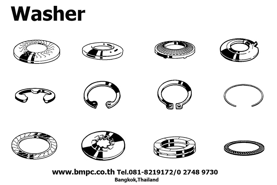 Spring lock washer, Curved washer, Locking edge washer, Toothed  washer, Locking Disc spring, Contact washer, Tab washer, Retaining ring , E Ring, Snap ring, Fixing washer , Safety washer